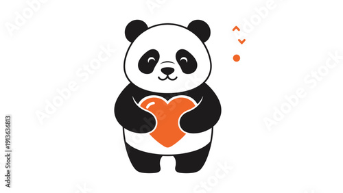 Adorable cartoon panda bear stands smiling and happily hugging a large bright red heart symbol against a clean white background.