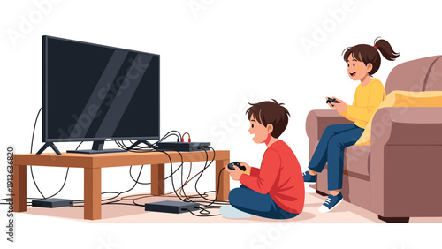 Young boy and girl sit on the couch and floor respectively enjoying a session of video games on a large television with multiple wires.
