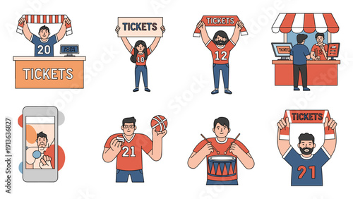 Set of characters shows sports fans in team jerseys buying tickets at a booth, cheering with scarves, and playing a drum for support.