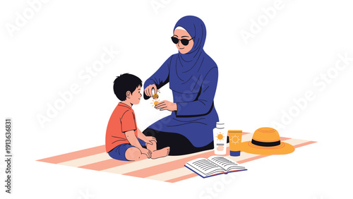 Caring Muslim mother wearing a blue hijab and sunglasses carefully applies sunscreen to her young son during a sunny day at the beach.