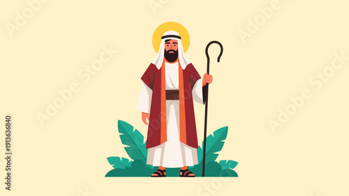 Biblical figure resembling Jesus Christ stands in a white and red robe holding a shepherd staff with a glowing halo around his head.