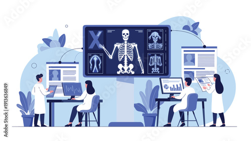 Group of scientists and medical professionals in white lab coats works in a high tech laboratory analyzing human skeletal data on a screen.