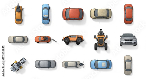 Collection of diverse vehicles seen from above.