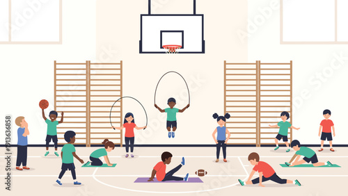 Diverse group of young children participates in various physical activities in a gym including basketball, jumping rope, and stretching.