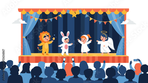Adorable children in various costumes including a lion and a rabbit perform a play on a colorful stage for a large seated audience.