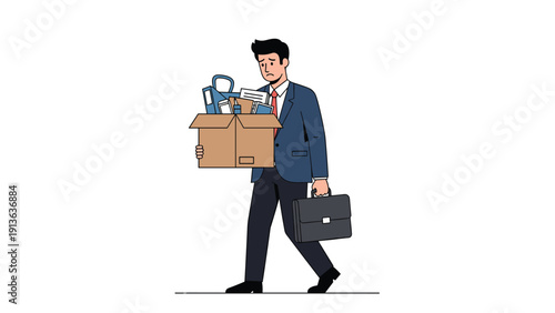 Depressed businessman in a suit walks away while carrying a cardboard box filled with office supplies and his personal belongings.