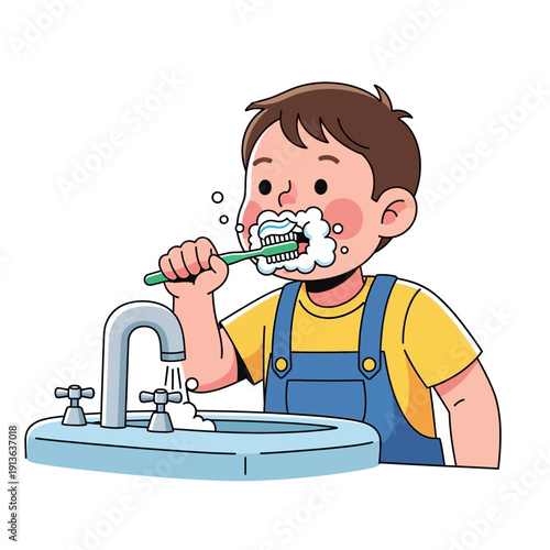 Child brushing teeth bathroom hygiene illustration