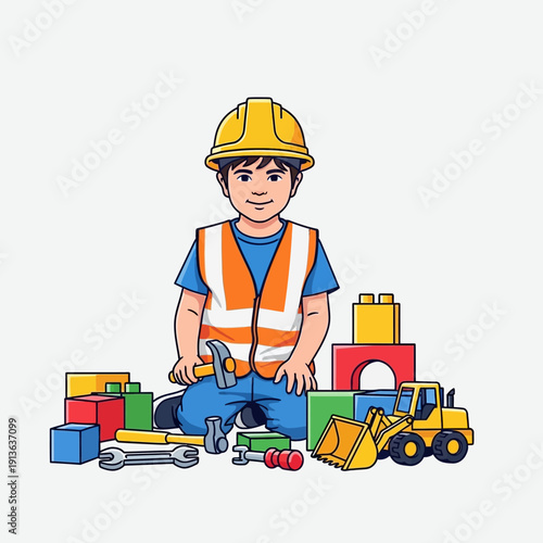 Child wearing safety vest with construction toys building blocks and tools
