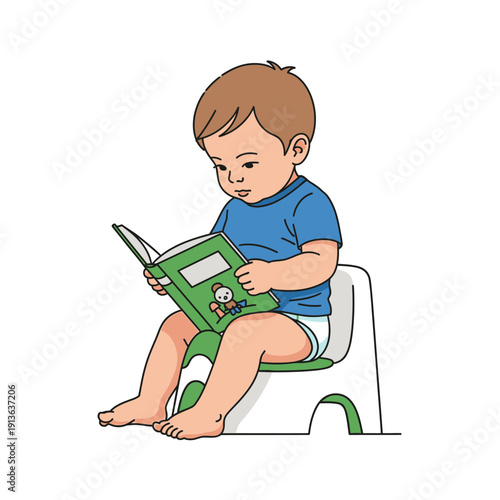 Young child reading book cartoon illustration
