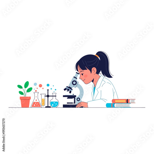 Young scientist observing through microscope laboratory research study illustration