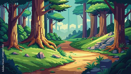 A winding path leads through a vibrant lush forest with towering trees and greenery high-quality