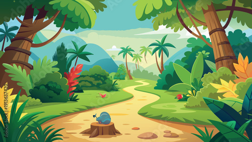 A winding path leads through a lush vibrant jungle landscape with tropical plants high-quality professional
