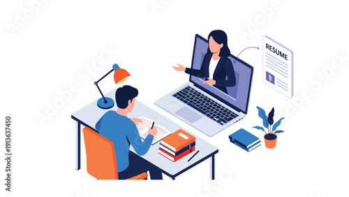 Young man sitting at his desk and writing while attending an online job interview with a recruiter displayed on a laptop screen.