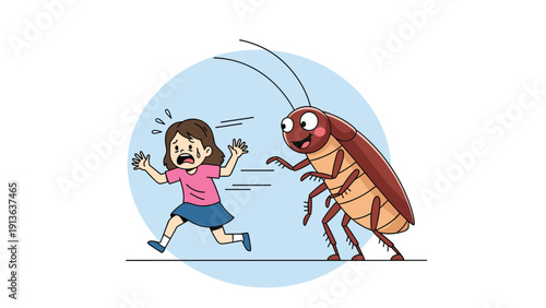 Fearful little girl running away from a large friendly-looking cartoon cockroach against a light blue circular background.