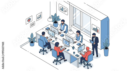 Modern isometric office workspace where professionals are engaged in collaborative tasks at their desks using computers and digital tablets.