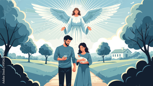 Young couple walking through a park while holding their newborn baby under the protective presence of a large guardian angel with wings.