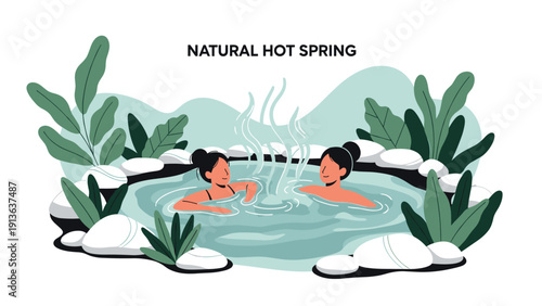 Two women enjoying a relaxing soak in a steaming natural hot spring located in a peaceful outdoor environment with lush greenery.