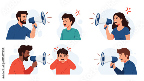 Illustration of diverse individuals expressing anger and shouting through megaphones while one person covers their ears to block the noise.