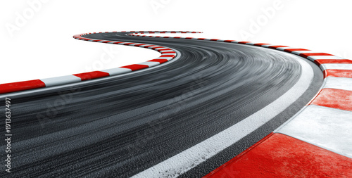 Curved racing track with red and white striped curbs and asphalt, isolated on transparent background