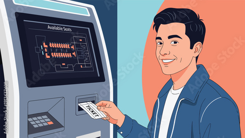 Happy young man smiling as he receives a printed ticket from an automated self-service kiosk with a seating chart displayed.