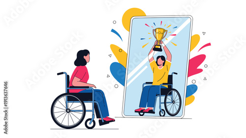 Empowering illustration of a woman in a wheelchair looking into a mirror and seeing a successful version of herself holding a trophy.