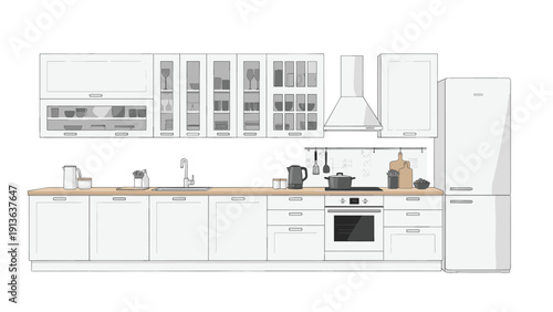 Modern and clean white kitchen interior featuring wooden countertops, glass cabinets, a built-in oven, and a tall refrigerator.