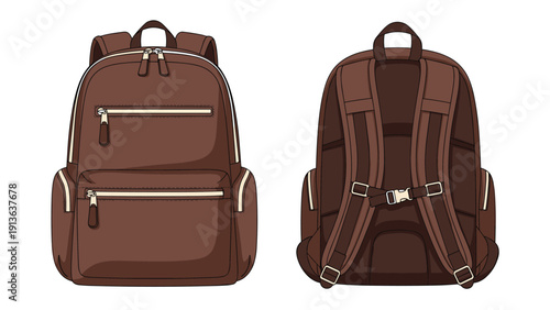 Front and rear views of a stylish brown leather backpack showing its multiple compartments, straps, and buckle details.