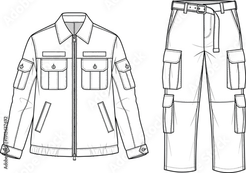 Men utility safari jacket and cargo pants technical fashion flat sketch, multi pocket tactical workwear uniform vector template, 2026.