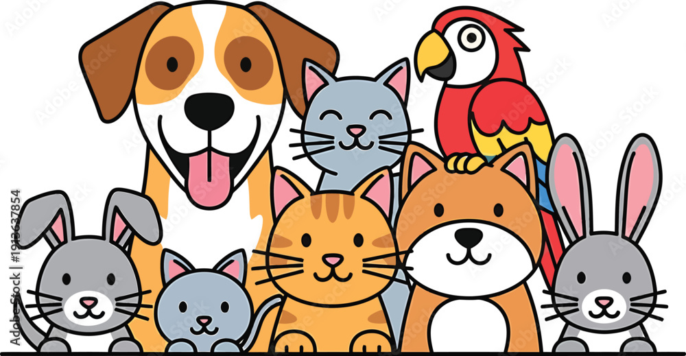 Fototapeta premium Cute cartoon pets icon set. Includes dog, cat, rabbit, parrot, and fox. Created in colorful flat style