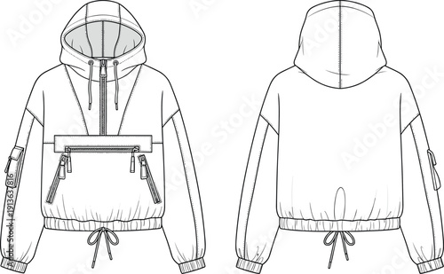 Women elegant ruffle front blouse technical fashion flat sketch, long puff sleeve button down shirt vector, apparel template, white, 2026.