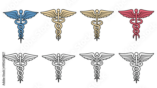 Diverse collection of the Caduceus medical symbol presented in various colors and styles from solid to outline versions.