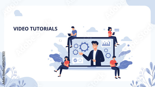 Educational concept showing people interacting with a large screen for video tutorials covering technical subjects and data analysis.