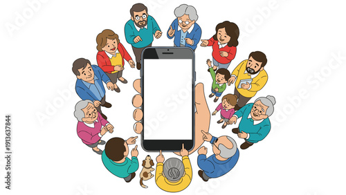 Group of diverse people of various ages standing in a circle and looking towards a large smartphone screen held in a hand.
