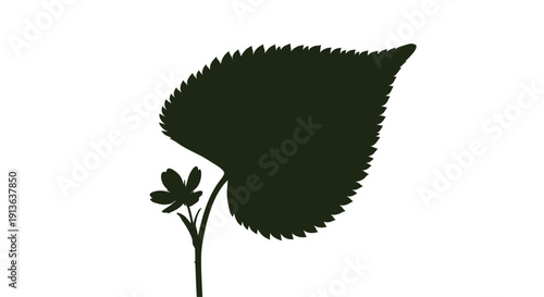 A simple silhouette of a green leaf, with a tiny, stylized flower nestled within it