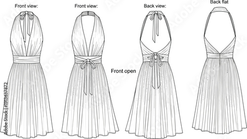 Technical fashion sketch of women halter neck infinity dress, multiway wrap convertible dress cad drawing flat vector illustration, clothing template.