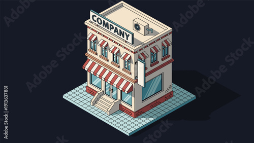 Isometric pixel art illustration shows a two-story corporate office building with striped awnings and a large company sign on the rooftop area.