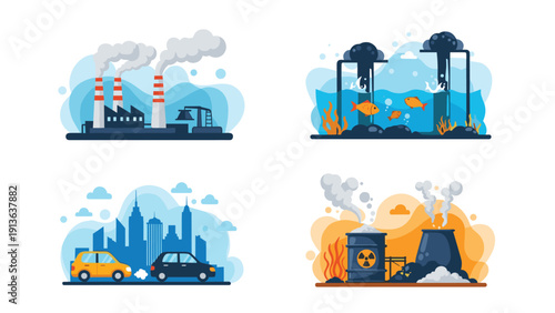 Set of four illustrations depicts various types of environmental pollution including industrial smoke, ocean waste, city smog, and nuclear hazards.