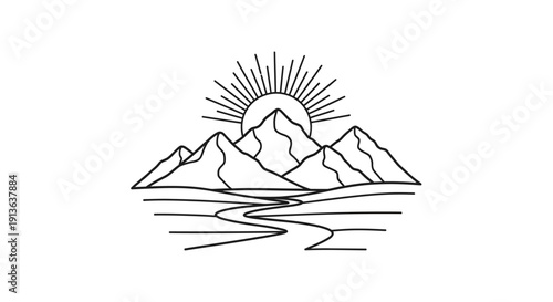 Minimalist line drawing of mountains sun and flowing water