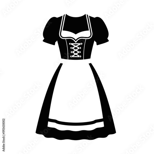 Black and white illustration of a traditional bavarian dirndl dress