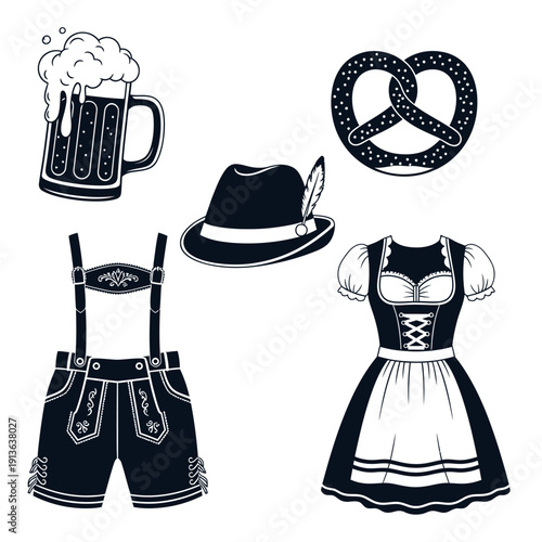 Oktoberfest themed illustration featuring beer pretzel and traditional clothing
