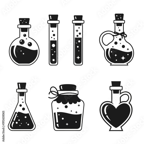 Collection of vintage potion bottles and jars in black and white
