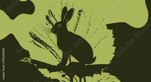  A detailed silhouette of a hare, perched delicately on a vibrant green leaf, with a slight curve to the body.