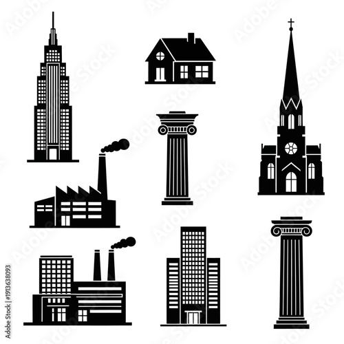 Variety of architectural structures in black silhouettes against a white background