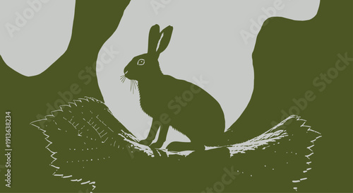  A detailed silhouette of a hare, perched delicately on a vibrant green leaf, with a slight curve to the body.