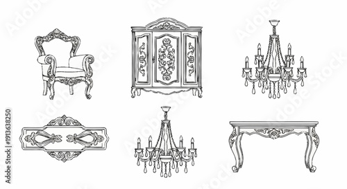 Ornate furniture and chandeliers illustration showcasing luxury interior design elements in a sophisticated setting