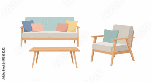 Modern furniture illustration featuring sofa chair and coffee table with cushions in a minimalist living room setting from a front viewpoint