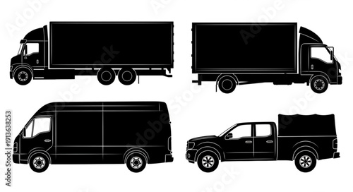 Collection of four different types of trucks and vans.