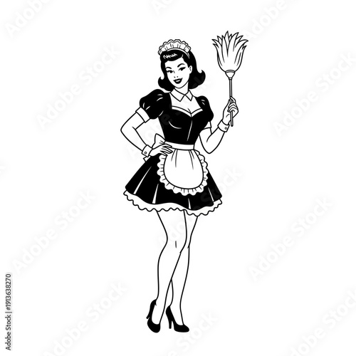 Vintage illustration of a domestic worker with a feather duster