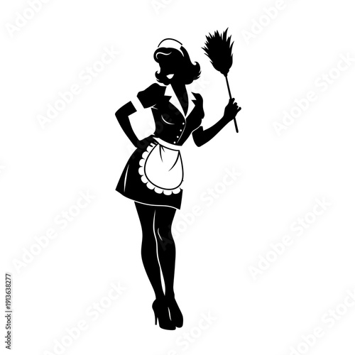 Vintage silhouette of a maid holding a feather duster