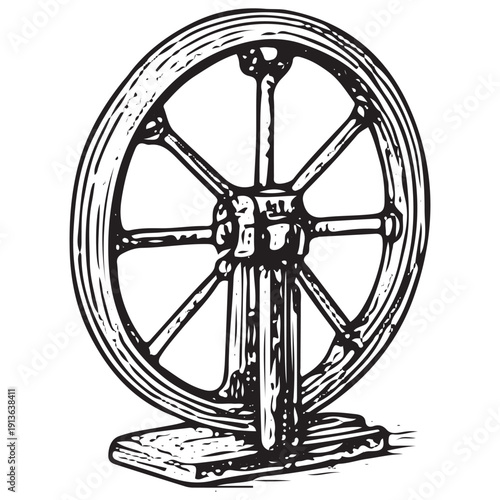Vintage Spinning Wheel Illustration – Antique Wooden Textile Spinner Engraving Art